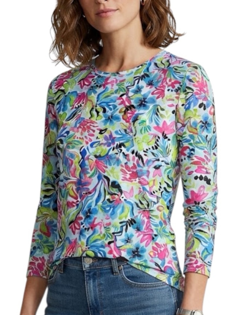 CARIBBEAN JOE Neon Tropical Floral Print Long Sleeve Top Resort M